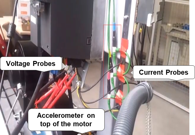 MCSA field testing: voltage/current probes with an accelerometer on top of the motor